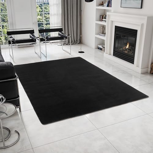 HomebyHome Kurzflor Teppich Wohnzimmer 200 x 280 cm Schwarz - Teppich Weich, Waschbar, rutschfest, modern einfarbig Design - für Schlafzimmer, Küche, Esszimmer