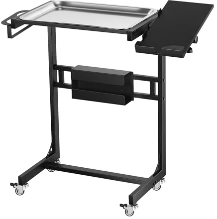 POARMEEY Stainless Steel Tattoo Tray Cart on Wheels, Service Rolling Tray with Extension Rotatable Table Stand, Tattoo Storage Utility Tray for Salon Spa Dental Use