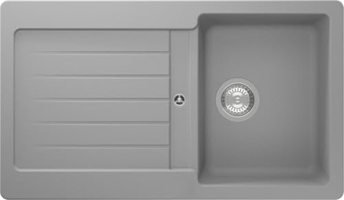 Respekta Austin Massivgranit Spüle 86 x 50 / Hitzebeständig/Abgeschrägte Abtropffläche/Einbau-und Unterbaumontage / 1 Becken/für Unterschränke ab 45 cm Breite/Grau