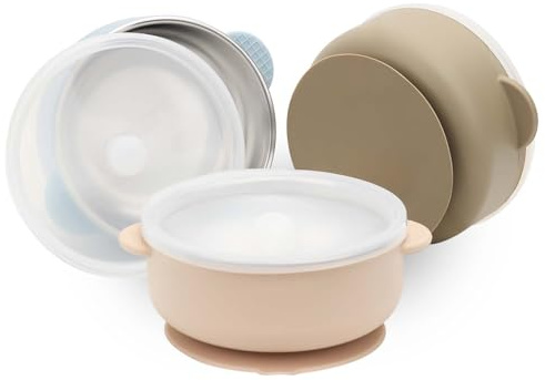 MOJINL 3 Stück Edelstahl Baby Schüssel mit Saugnapf und Deckel, Edelstahl Baby Breischale für Babys Kinder Kleinkinder, Rutschfest Kinderschüssel für Brei und Snacks, BPA-Frei, Spülmaschinenfest