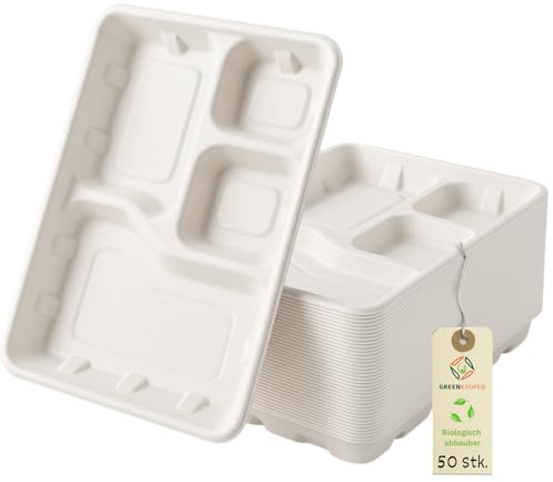 Greenkaufen Bagasse Teller 4-fach unterteilt – 245×220×42 mm, Kompostierbar, biologisch abbaubar & nachhaltig – 50 Stück Einweg Teller für Partys, Catering & Takeaway (50)
