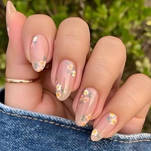 Almond-Shaped Press-On Nails Set of 24 with Translucent Pink French Tip & Daisy Floral Decor, Medium Length Artificial Nails for Women, Easy Application Glossy Manicure for Casual Spring Summer Wear