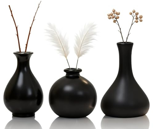 Ceramic vase Set-3 Small Flower vases for Decor, Ceramic Bud Vase Set | Home Decorative Vase, for Wedding Centerpieces, Living Room and Bedroom Decor, Modern Boho Farmhouse Home Decor(Black)