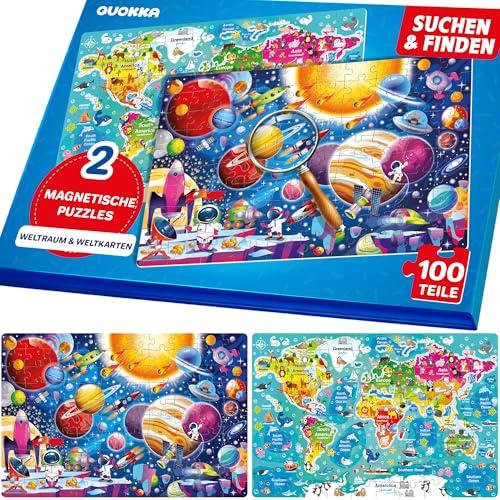 Magnetpuzzles für Kinder 4 5 6 Jahren - Pädagogisches Puzzle ab 5 | Magnetisches Such und Find Puzzlebuch - 2 Set 100 Teile Puzzles – Reisefreundliches Puzzle mit Weltraum und Weltkarte