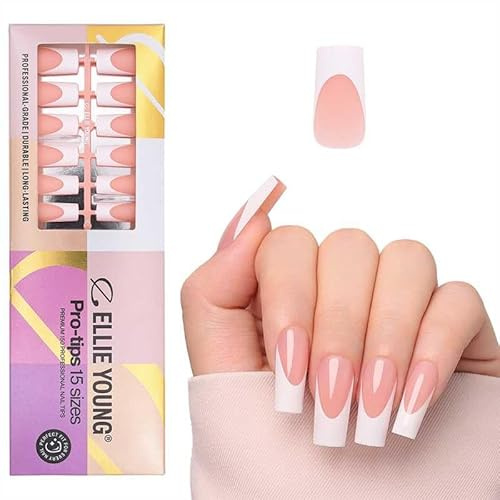 Ellie Young 150pcs French Tips Pre-designed Press On Nails Long Square Nude Nail Tips,15 Sizes PROTIPS Soft Gel Nail Extensions for Easy DIY Salon (ONLY NAILS)