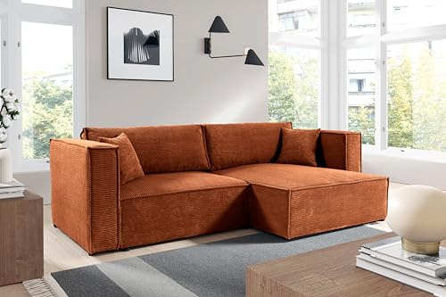 Furnisell KEYMON Cord Ecksofa mit Schlaffunktion und Bettkasten, Schlafsofa mit 200 x 136 cm Liegefläche (Orange)