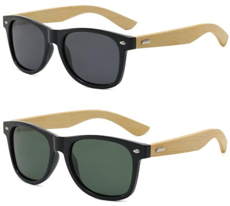 frissin Lunettes de soleil polarisées carrées pour homme et femme Protection UV400 Branches en bois de bambou Rivet décoré Cadre noir Verres TAC Miroir Lunettes Sunnies Conduite Pêche Cyclisme Voyage