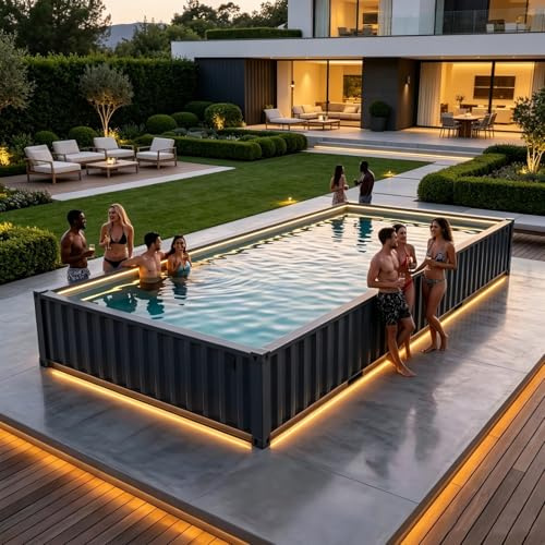 Piscina de fibra de vidrio personalizada sobre el suelo, fácil instalación, contenedor de envío con calentador, filtro, luces LED, espaciosa solución de natación al aire libre para uso recreativo