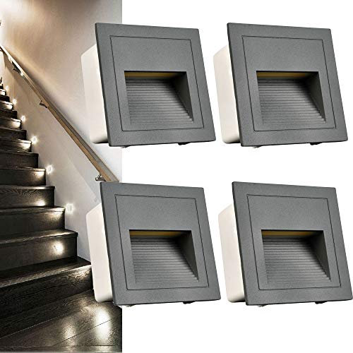 Arotelicht 4Pcs Applique LED da incasso Grigio per Scale, 3W Bianco Freddo 6000K IP65, Segnapasso, Luce da incasso 220V, per Interno esterno giardino viale gradini, Alluminio