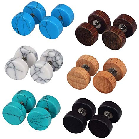 Flongo Herren Ohrstecker, Damen Ohrringe 8mm Gestüt Stecker Ohrhänger Tunnel Illusion verjüngt Cheater Faux Fake Ohrstecker aus Edelstahl Holz Türkis 6 Paar Set Modell C