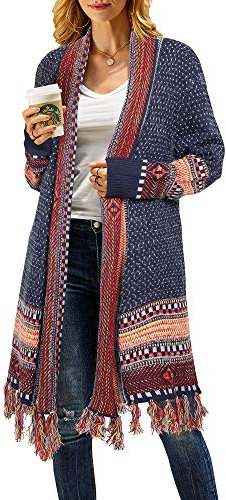 Misassy Womens Boho Open Front Long Cardigans Sweater Loose Long Sleeve Embroidery Tassels Kimono Duster Outwear, 3-navy, Large