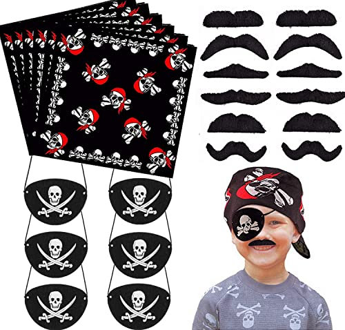24 Stück Piraten Zubehör Set Piraten Augenklappe Kinder Piraten Bandana Kopftuch Selbstklebende falscher Bärte Gefälschter Schnurrbart für Halloween Karneval, Pirat Thema Party und Kindergeburtstag