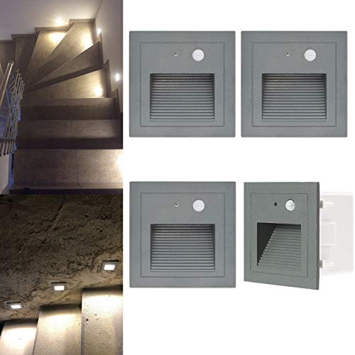Arote 4 pcs LED Aplique empotrado pared 230V 3W Aplique de paso(para exteriores, con sensor de movimiento, cuadrada, para escaleras, aluminio), gris