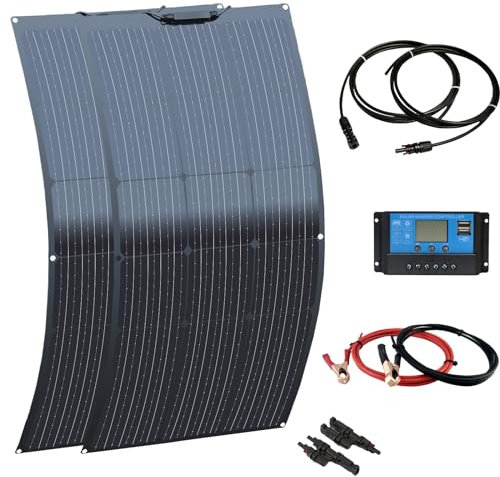XINPUGUANG Kit Panneau Solaire 200W 12v 2pcs 100w 18v Souple Mono Module photovoltaïque monocristallin Régulateur 20A câble pour camping-car, voiture, bateau, caravane, jardinage, batterie 12v (Black)
