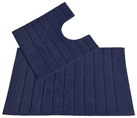 Allure Ribbed Design 2 Piece Bath and Pedestal Toilet Mat Set, 100% Cotton (Navy)