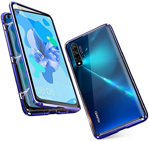 SIMao Coque pour Huawei Nova 5T/ Honor 20 Cover Magnétique Adsorption Métal Bumper Frame Flip Case 360 Degrés Protection Étui Ultra Mince Housse Transparent Avant et Arrière Verre Trempé Cover,Bleu