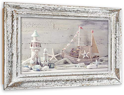 Wanddeko shabby chic Rahmen Illusion 90x60 cm Kunst modern Bilder Seesternen Schalen Beige