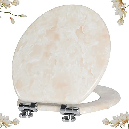 Angel Shield Marble Toilet Seat Durable Molded Wood with Quiet Close, Easy Clean, Quick-Release Hinges (Round, Beige Marble)