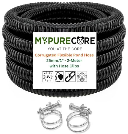 MYPURECORE Corrugated Flexible Hose Pond Pipe 25mm / 1– 2-Meter with Advanced Double-Wired Hose Clips for Pond Pumps, Filters, Drainage – Corrugated Water Butt Connector Pipe - Black.