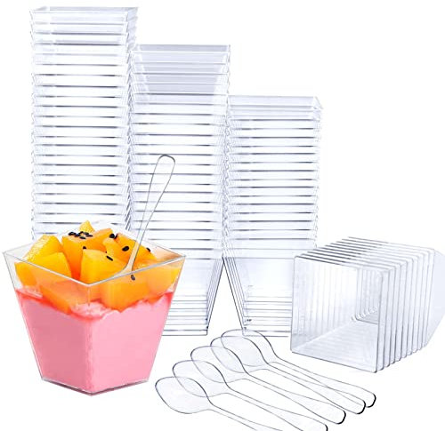 Uooker 100 Pcs Mini Dessert Cups, 2oz/60ml Plastic Trapezoid Dessert Pots, Clear Small Cup Reusable Serving Dessert Bowl for Mini Cheesecake Jelly Candy Dessert Pudding Mousse Party(5 x 5cm)