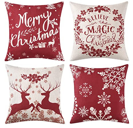 CAROMIO Weihnachten Deko Kissenbezug 4er Set Hirsch Kissenbezüge Wohnzimmer Dekokissen Couch Weihnachtsdeko Leinen Kissenhülle Weihnachtskissenbezug Sofa Kissen Outdoor Couchkissen 45 x 45 cm