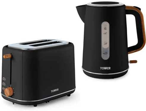 Tower Scandi Black 1.7L 3KW Rapid Boil Kettle & 2 Slice Toaster. Matching Scandinavian Minimalist Design Kettle & 2 Slice Toaster Set in Black (TWRSCANKT2BLK)