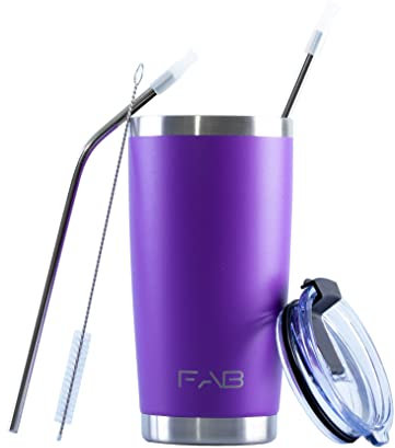 FAB | Vacuum Insulated Tumbler with Lid & Straw 560ml (20oz)| Reusable Stainless Steel Flask for Hot & Cold Drink | Iced Coffee Cup | Travel Mug | BPA Free - Purple