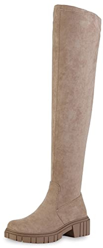 VAN HILL Damen Leicht Gefütterte Overknees Stiefel Blockabsatz Schuhe Profilsohle Langschaftstiefel Plateau Vorne Freizeit Boots 208741 Khaki 36