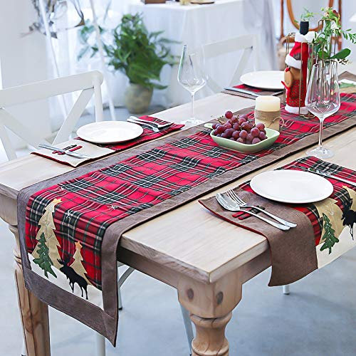 ERSTUME Christmas Table Runners with 4 Placemats Table Decorations Embroidered Cotton Linen 2 Sides Table Mats Dining for Xmas Holiday Home Party