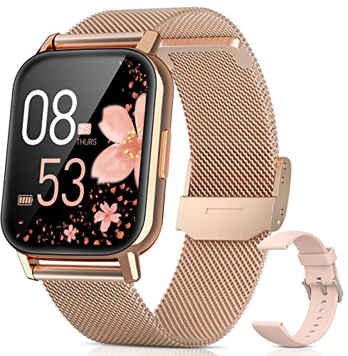 AIMIUVEI Smartwatch Damen 1.69 Zoll HD, Fitness Armbanduhr IP68 mit SpO2 Pulsmesser Schlafmonitor, Weibliches Zyklus Management, 24 Sportmodi Schrittzähler Stoppuhr Kalorien für Android iOS Roségold