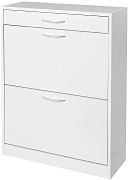 LOLAhome - Zapatero Estrecho para recibidor o Pasillo con 1 cajón y 2 Puertas para 8 Pares de Zapatos de Tablero Laminado Blanco de 60x24x80 cm