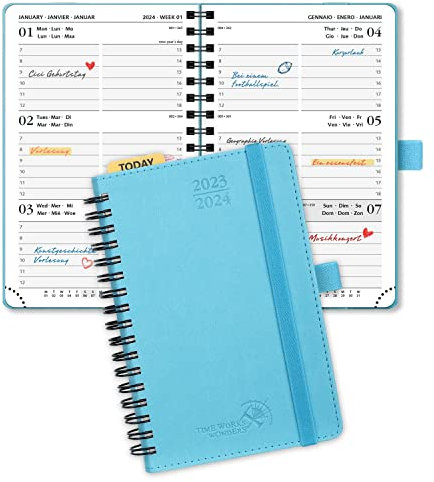 POPRUN Kalender 2023 2024 Klein 15,5 x 10,5 cm (Aug.2023-Dez.2024) - Taschenkalender 2023/2024 Ringbuch mit Softcover - Terminplaner, Planer 1 Woche 2 Seite mit Plastiklineal - Blaugrün