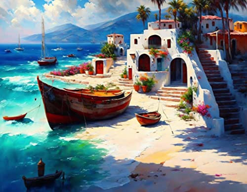 FADISA Deko Kunstdrucke Wandbild Leinwandbild Ölgemälde griechisches Dorf am Meer für Heimtextilien 60x90cm