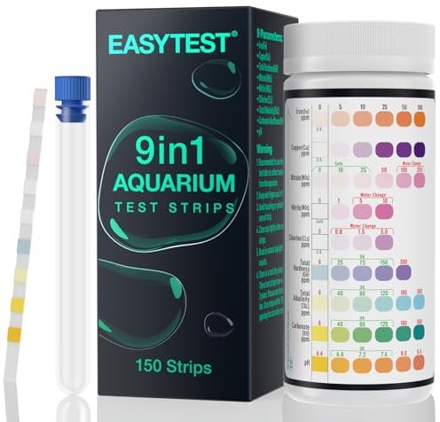 EASYTEST 9-in-1 Aquarium Test Strips - 150PCS Fish Tank Water Kit to Detect Total Hardness, PH, Nitrite, Nitrate, Chlorine, Alkalinity, Carbonate, Iron and Copper - Easy & Fast