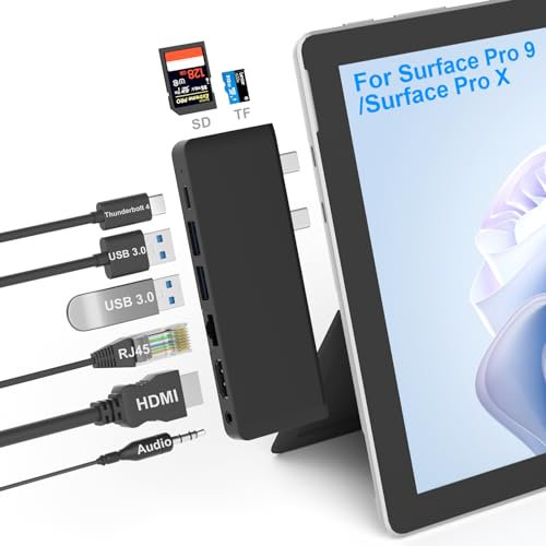 Surface Pro 9 Docking Station Hub mit 4K HDMI, USB C Thunerbolt 4(8K@30Hz+40G Daten+PD 100W Schnellladen), USB 3.0*2, 100M RJ45, SD/TF Kartenleser, 3.5mm Audio, Triple Display für Surface Pro 9/Pro X