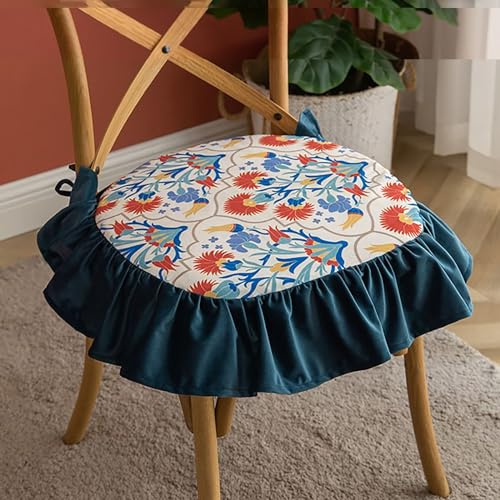 ZIBENE Stuhlkissen Mit BäNdern und Volant, Sitzkissen mit WunderschöNem RüSchenrand, Halbrund Stuhlkissen 45x45 mit BäNdern für Esszimmerstuhl KüChenstuhl Restaurants Stuhlauflage, 4er Set, Blau