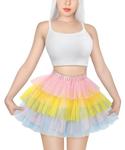 LittleForBig Damen Mesh Tüll Puffy Petticoat Tutu Ballett Bubble Rock Kurzer Ballerina Rock Regenbogen M