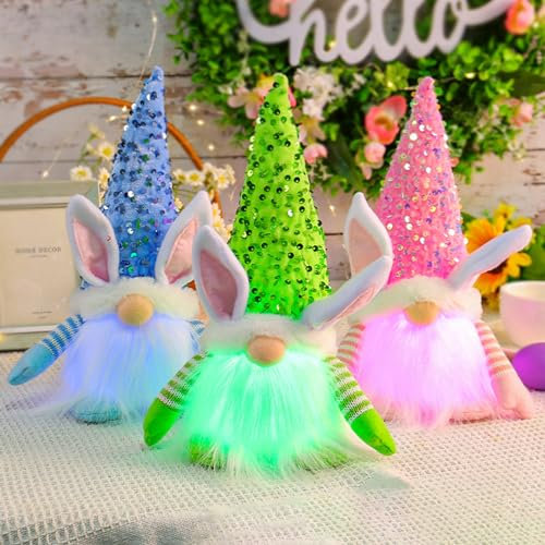 3 Stück Osterdeko Osterhasen Wichtel Figuren mit Beleuchtet Frühling Deko,Ostern Deko Wichtel Figuren Wichtel mit LED licht Plüsch Osterhasen Figuren Tischdekoration für Küche Zwerge Ornamente
