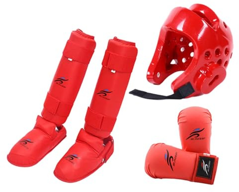 rockible Ensemble D'équipement de Karaté, Gants D'entraînement, équipement de Tête de Boxe avec Protège-Tibia, MMA Sanda Taekwondo Karaté, Rouge XS