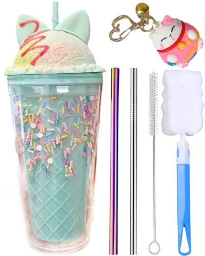 Cat Paw Unicorn Kid Travel Tumbler with Straw Ice Drinking Cup Freezer Frosty Mug for Picnic Party Birthday (sweet cat2 blue, 450 ml)