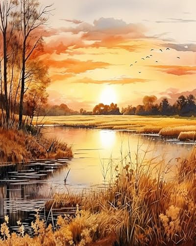 PIPISKY Kit de peinture par numéros,Beau paysage d'automne doré,soleil doré,L'avenir de l'art,surprises et émotions avec la peinture à l'huile numérique,40x50cm,Sans cadre