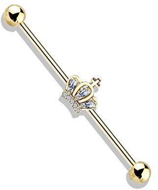 beyoutifulthings Industrial-Piercing Gold Krone Zirkonia Clear Industrial-Barbell Industrial-Bar Chirurgenstahl Stab-länge 38-mm