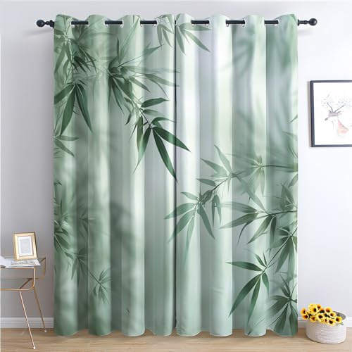 zcwl Grünes Blatt Vorhänge, Botanisch Verdunklungsvorhänge mit Ösen, Vorhang Blickdicht für Wohnzimmer Schlafzimmer Dekoration, Gardinen mit Muster, 2er Set, 145 x 140 cm (HöhexBreite)