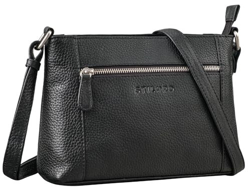 STILORD 'Peach' Leder Umhängetasche Damen Klein Handtasche Frauen Echt-Leder Schultertasche Vintage Crossbody Bag, Farbe:schwarz