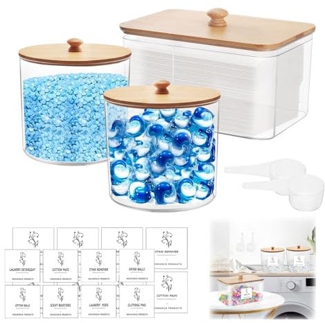 Set of 3 Clear Acrylic Laundry Pods Storage Container with Bamboo Cover and Laundry Scoop, Washing Tablets Storage Box with Laundry Labels, Laundry Jars, Home Organisation