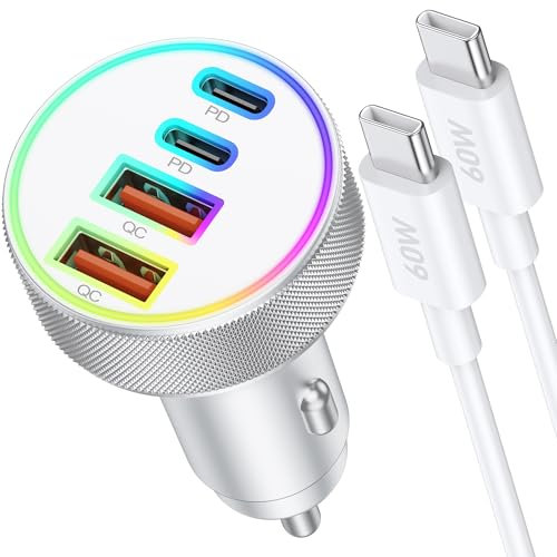 90W Chargeur Allume Cigare USB C, 4 Port Double 45W+45W USB-C/A Adaptateur Voiture Prise 12V Rapide avec 1M Câble pour iPhone 16 15 Pro Max Plus/16e, Samsung Galaxy S25 S24 S23 S22 Ultra, Pixel