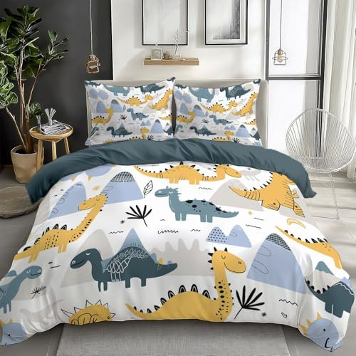 CozyRest Bettwäsche Blau 135 x 200 cm 3D Effekt Wende Bettwäsche Set Niedliche Dinosaurier, Kawaii Ästhetik Mikrofaser Luxus Modern Gedruckt Bettbezug Set mit Reißverschluss 80x80 cm