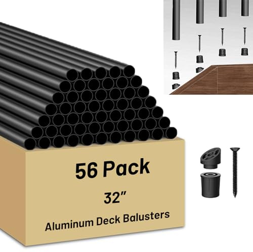 56 Pack 32 inch Aluminum Balusters for Deck Railing,Black Round Metal Spindles for Staircase,3/4 Diameter Hollow Deck Ballasters with Screws and Connectors for Railing Fencing Porch Stair Spindles