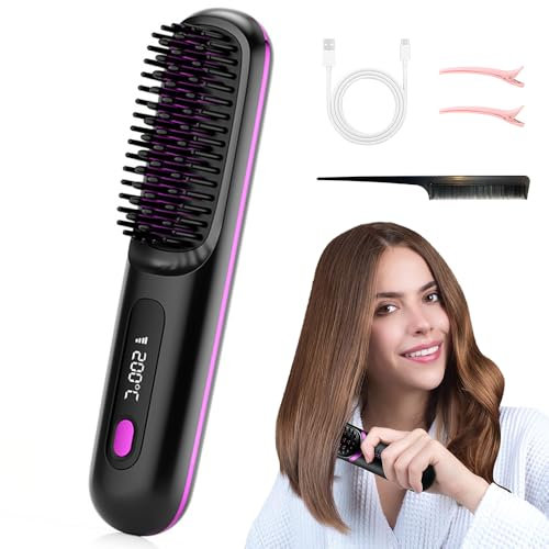 HOVCEH Bellabrush Pro, Bella Pro Hair Straightener Brush, Cordless Hair Straightener Brush, Portable Brush Straightener for Women with Heated Hair Comb, Heated Hair Brush for All Hair Types (Black)