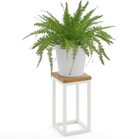 LAMO Manufaktur Blumenständer Weiss Metall | Pflanzenständer Holz mit Rustikal Farbe | Blumenhocker klein 30 cm für große Zimmerpflanzen | 100% Echtholz | Sockel für Skulpturen